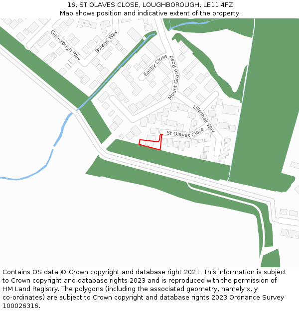 16, ST OLAVES CLOSE, LOUGHBOROUGH, LE11 4FZ: Location map and indicative extent of plot