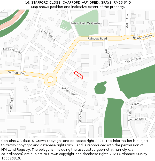 16, STAFFORD CLOSE, CHAFFORD HUNDRED, GRAYS, RM16 6ND: Location map and indicative extent of plot