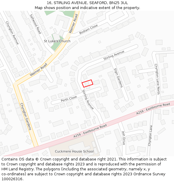 16, STIRLING AVENUE, SEAFORD, BN25 3UL: Location map and indicative extent of plot