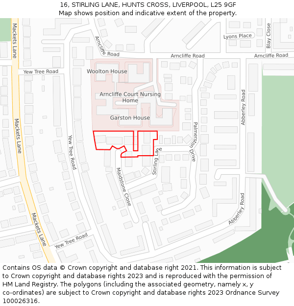 16, STIRLING LANE, HUNTS CROSS, LIVERPOOL, L25 9GF: Location map and indicative extent of plot