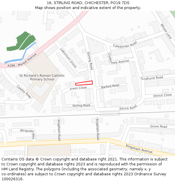 16, STIRLING ROAD, CHICHESTER, PO19 7DS: Location map and indicative extent of plot