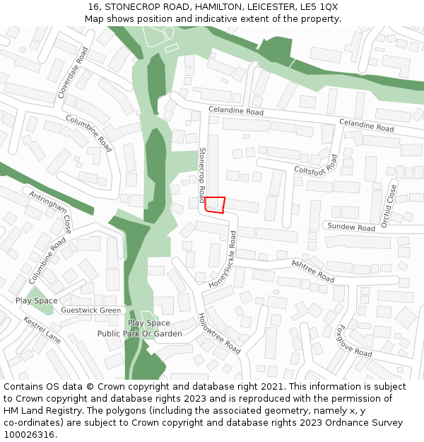 16, STONECROP ROAD, HAMILTON, LEICESTER, LE5 1QX: Location map and indicative extent of plot