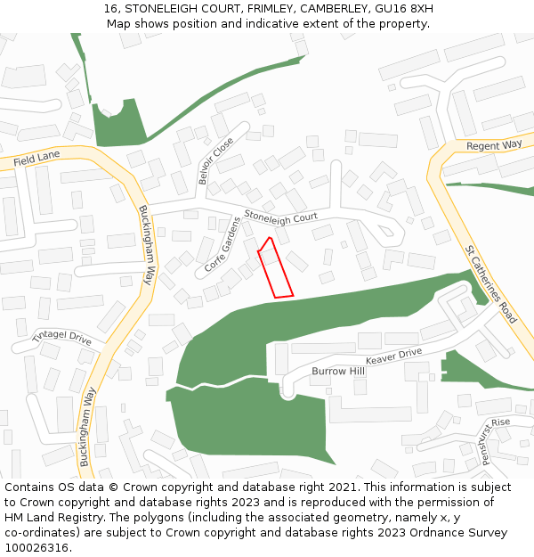 16, STONELEIGH COURT, FRIMLEY, CAMBERLEY, GU16 8XH: Location map and indicative extent of plot