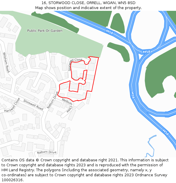 16, STORWOOD CLOSE, ORRELL, WIGAN, WN5 8SD: Location map and indicative extent of plot