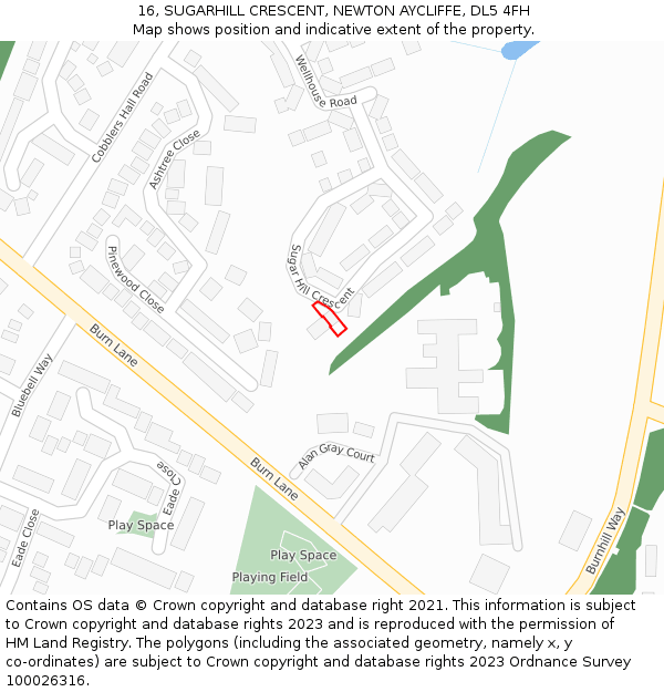 16, SUGARHILL CRESCENT, NEWTON AYCLIFFE, DL5 4FH: Location map and indicative extent of plot