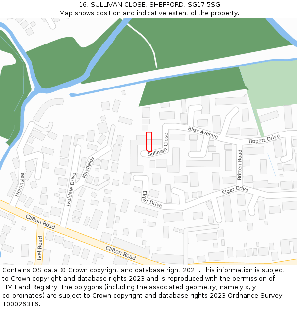 16, SULLIVAN CLOSE, SHEFFORD, SG17 5SG: Location map and indicative extent of plot