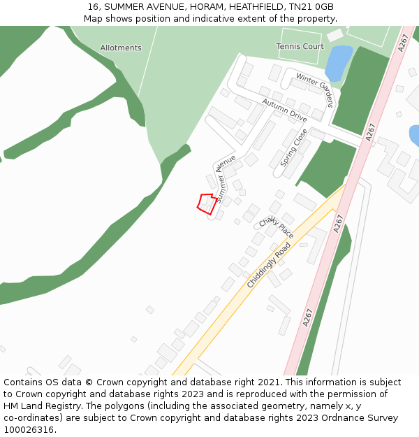 16, SUMMER AVENUE, HORAM, HEATHFIELD, TN21 0GB: Location map and indicative extent of plot