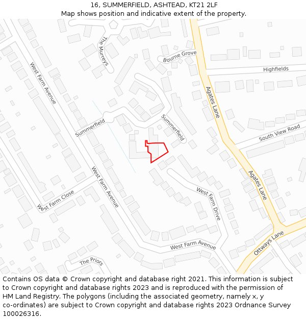 16, SUMMERFIELD, ASHTEAD, KT21 2LF: Location map and indicative extent of plot