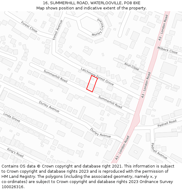 16, SUMMERHILL ROAD, WATERLOOVILLE, PO8 8XE: Location map and indicative extent of plot