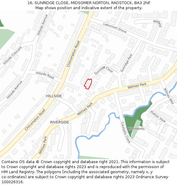 16, SUNRIDGE CLOSE, MIDSOMER NORTON, RADSTOCK, BA3 2NF: Location map and indicative extent of plot