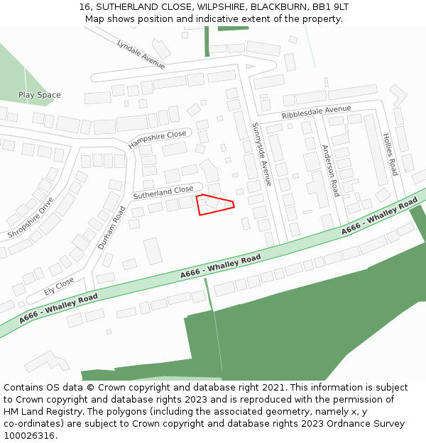 16, SUTHERLAND CLOSE, WILPSHIRE, BLACKBURN, BB1 9LT: Location map and indicative extent of plot