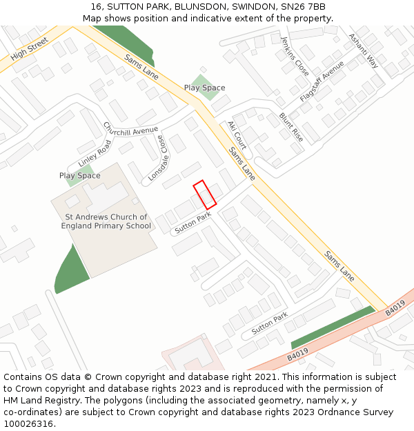 16, SUTTON PARK, BLUNSDON, SWINDON, SN26 7BB: Location map and indicative extent of plot