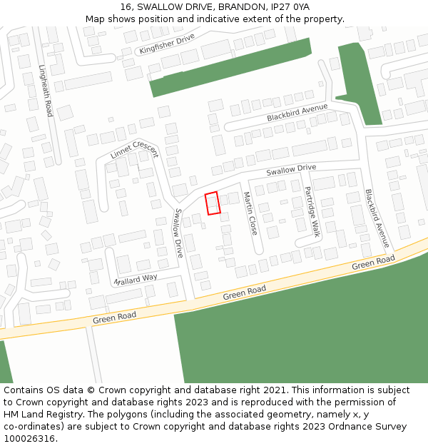 16, SWALLOW DRIVE, BRANDON, IP27 0YA: Location map and indicative extent of plot