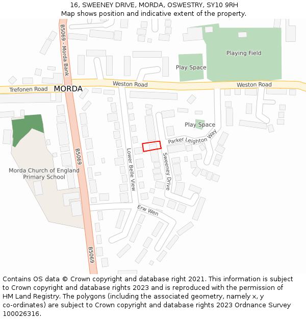 16, SWEENEY DRIVE, MORDA, OSWESTRY, SY10 9RH: Location map and indicative extent of plot