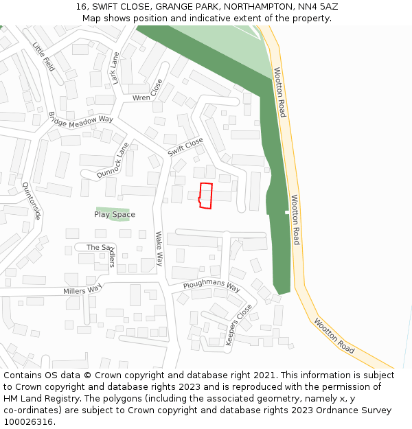 16, SWIFT CLOSE, GRANGE PARK, NORTHAMPTON, NN4 5AZ: Location map and indicative extent of plot