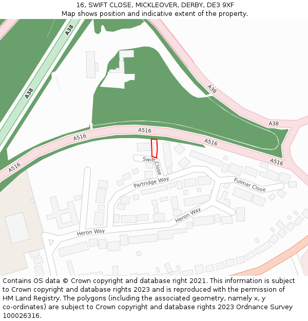 16, SWIFT CLOSE, MICKLEOVER, DERBY, DE3 9XF: Location map and indicative extent of plot