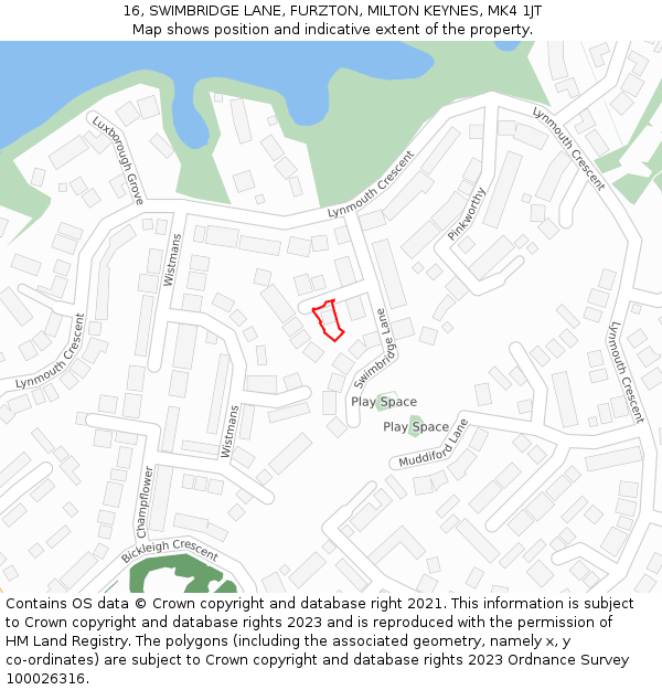 16, SWIMBRIDGE LANE, FURZTON, MILTON KEYNES, MK4 1JT: Location map and indicative extent of plot