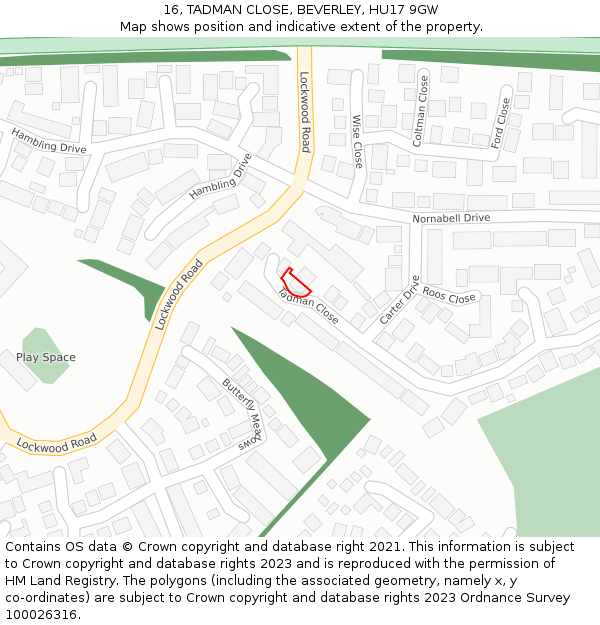 16, TADMAN CLOSE, BEVERLEY, HU17 9GW: Location map and indicative extent of plot