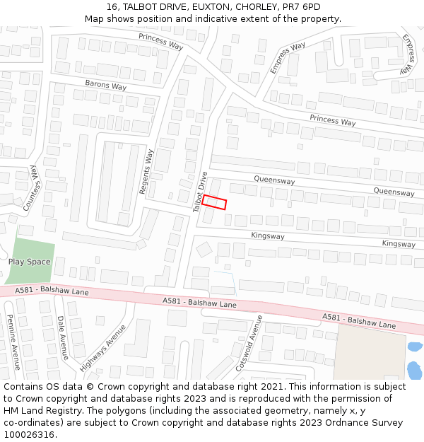 16, TALBOT DRIVE, EUXTON, CHORLEY, PR7 6PD: Location map and indicative extent of plot