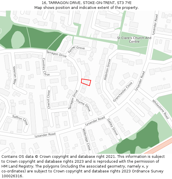 16, TARRAGON DRIVE, STOKE-ON-TRENT, ST3 7YE: Location map and indicative extent of plot