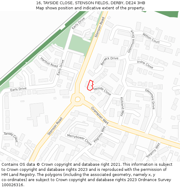 16, TAYSIDE CLOSE, STENSON FIELDS, DERBY, DE24 3HB: Location map and indicative extent of plot