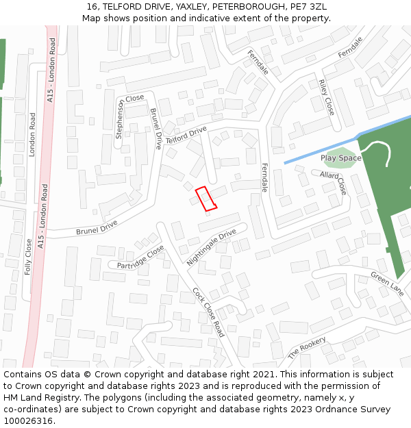 16, TELFORD DRIVE, YAXLEY, PETERBOROUGH, PE7 3ZL: Location map and indicative extent of plot