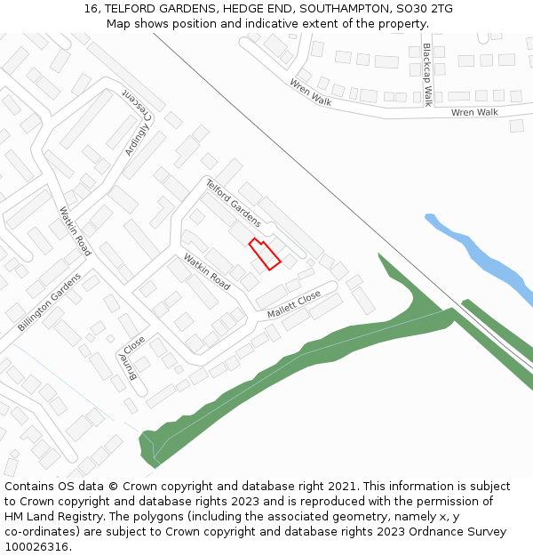 16, TELFORD GARDENS, HEDGE END, SOUTHAMPTON, SO30 2TG: Location map and indicative extent of plot