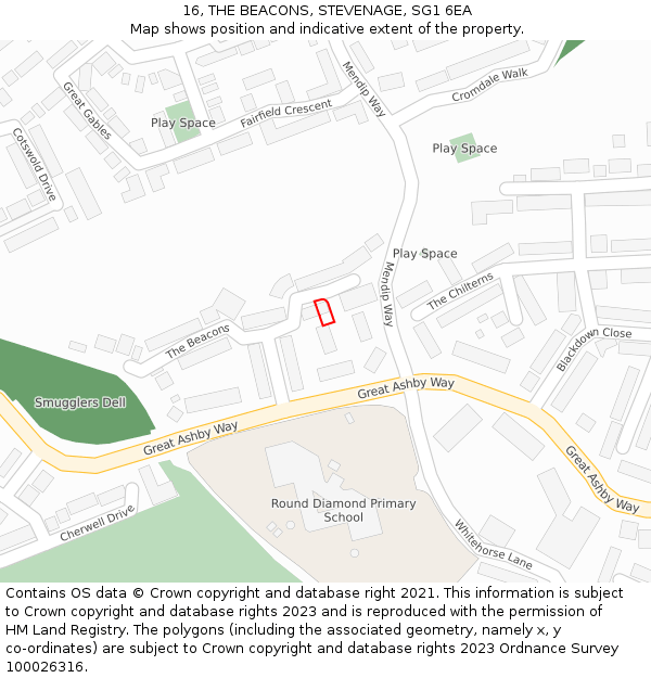 16, THE BEACONS, STEVENAGE, SG1 6EA: Location map and indicative extent of plot