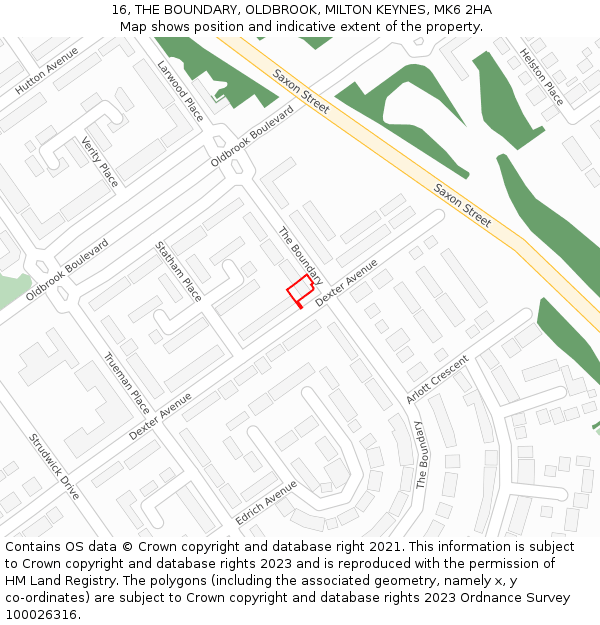 16, THE BOUNDARY, OLDBROOK, MILTON KEYNES, MK6 2HA: Location map and indicative extent of plot