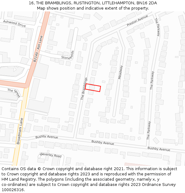 16, THE BRAMBLINGS, RUSTINGTON, LITTLEHAMPTON, BN16 2DA: Location map and indicative extent of plot