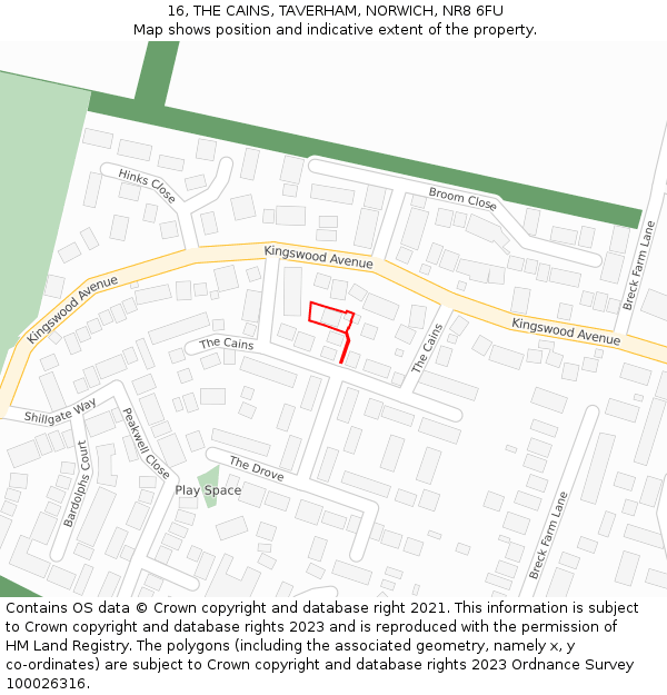 16, THE CAINS, TAVERHAM, NORWICH, NR8 6FU: Location map and indicative extent of plot
