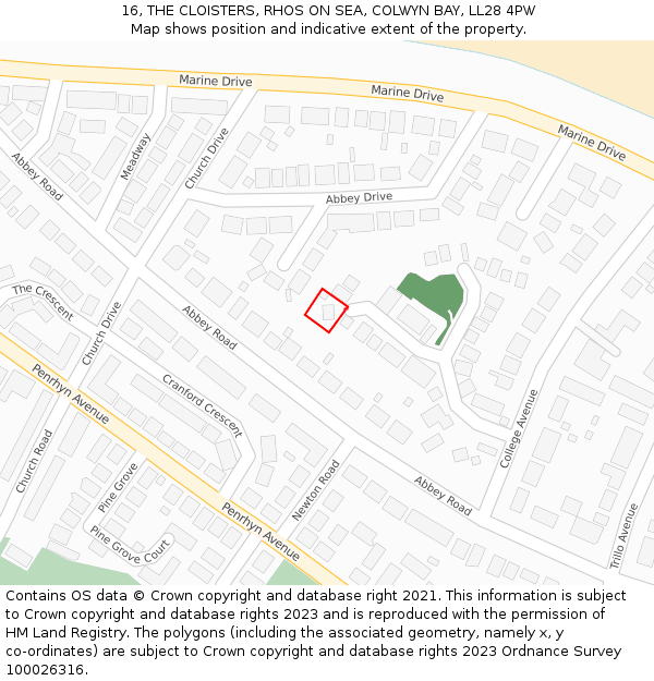 16, THE CLOISTERS, RHOS ON SEA, COLWYN BAY, LL28 4PW: Location map and indicative extent of plot