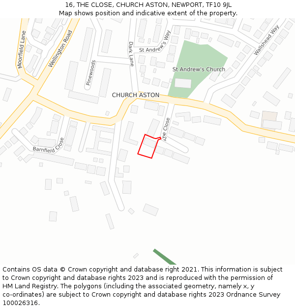 16, THE CLOSE, CHURCH ASTON, NEWPORT, TF10 9JL: Location map and indicative extent of plot