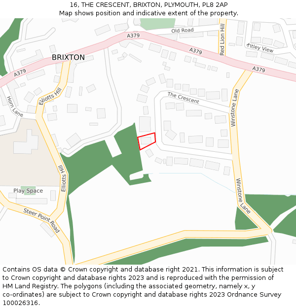 16, THE CRESCENT, BRIXTON, PLYMOUTH, PL8 2AP: Location map and indicative extent of plot