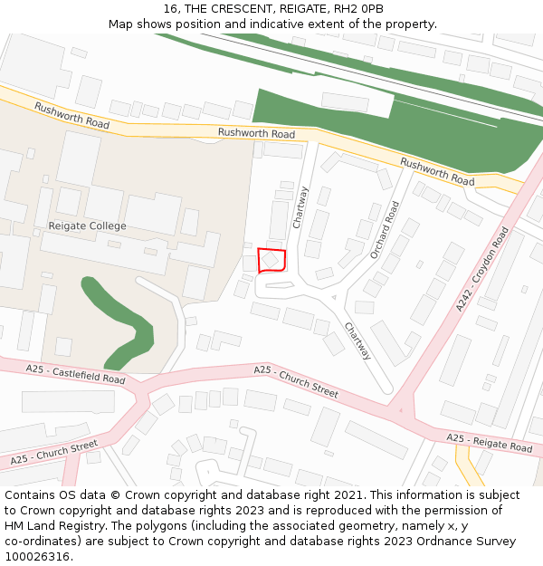 16, THE CRESCENT, REIGATE, RH2 0PB: Location map and indicative extent of plot