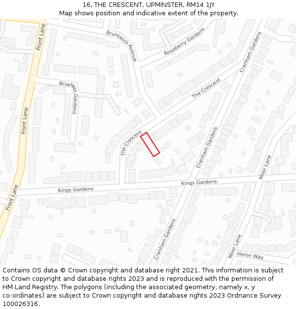 16, THE CRESCENT, UPMINSTER, RM14 1JY: Location map and indicative extent of plot