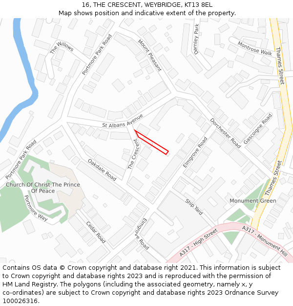 16, THE CRESCENT, WEYBRIDGE, KT13 8EL: Location map and indicative extent of plot