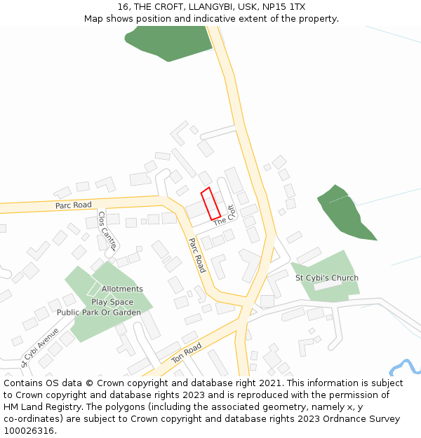 16, THE CROFT, LLANGYBI, USK, NP15 1TX: Location map and indicative extent of plot