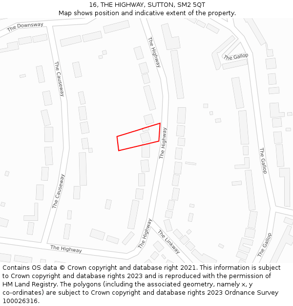 16, THE HIGHWAY, SUTTON, SM2 5QT: Location map and indicative extent of plot