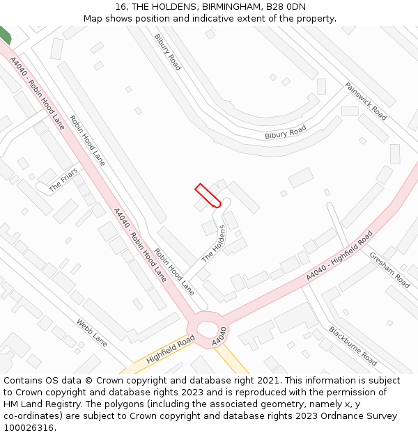 16, THE HOLDENS, BIRMINGHAM, B28 0DN: Location map and indicative extent of plot