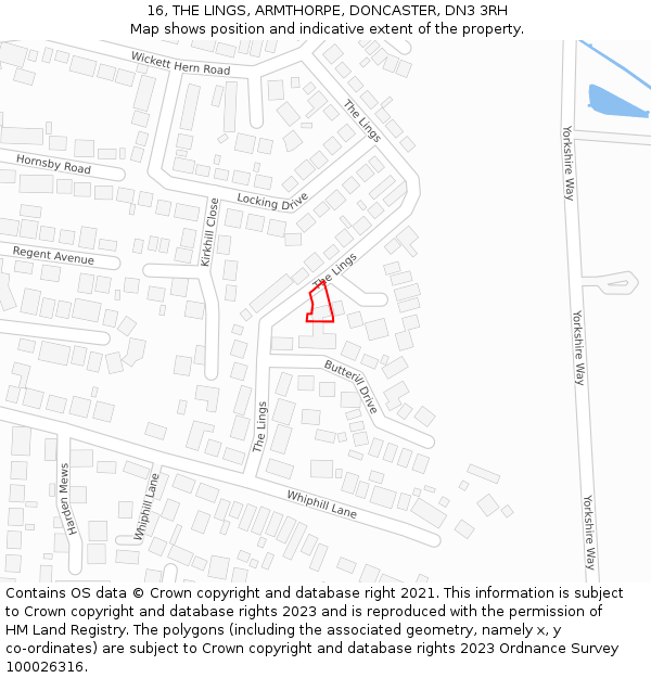 16, THE LINGS, ARMTHORPE, DONCASTER, DN3 3RH: Location map and indicative extent of plot