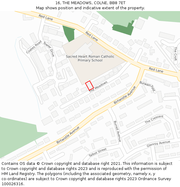 16, THE MEADOWS, COLNE, BB8 7ET: Location map and indicative extent of plot