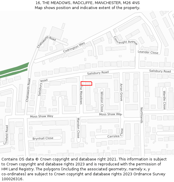 16, THE MEADOWS, RADCLIFFE, MANCHESTER, M26 4NS: Location map and indicative extent of plot