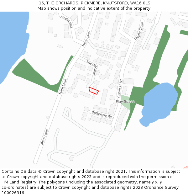 16, THE ORCHARDS, PICKMERE, KNUTSFORD, WA16 0LS: Location map and indicative extent of plot