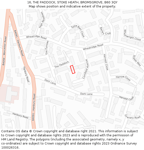 16, THE PADDOCK, STOKE HEATH, BROMSGROVE, B60 3QY: Location map and indicative extent of plot