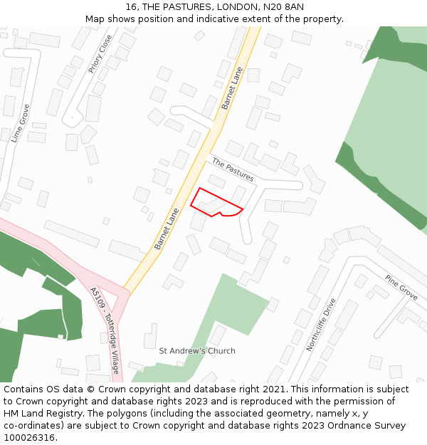 16, THE PASTURES, LONDON, N20 8AN: Location map and indicative extent of plot