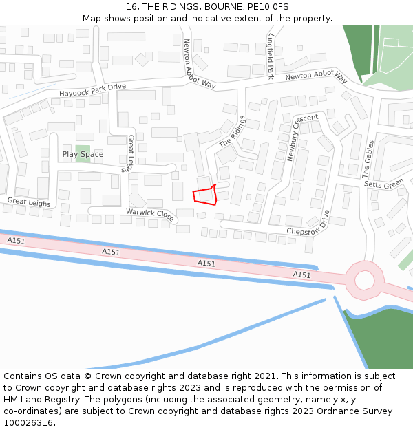 16, THE RIDINGS, BOURNE, PE10 0FS: Location map and indicative extent of plot