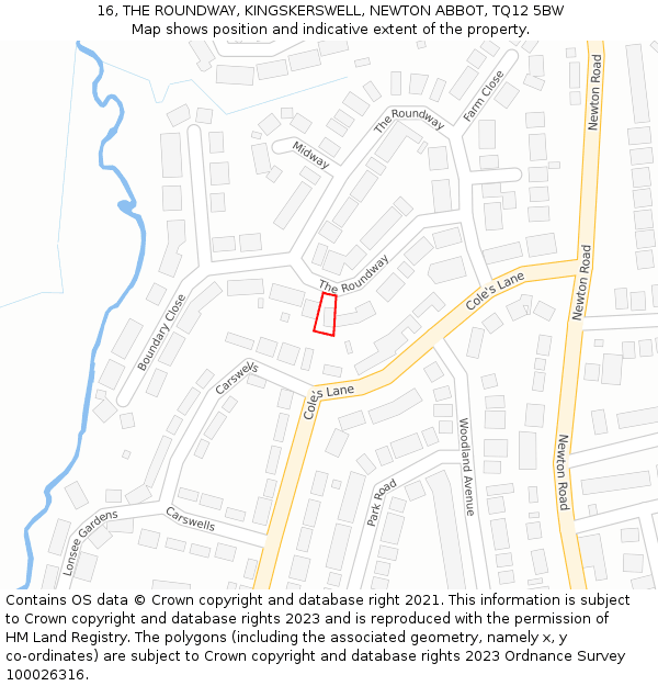 16, THE ROUNDWAY, KINGSKERSWELL, NEWTON ABBOT, TQ12 5BW: Location map and indicative extent of plot