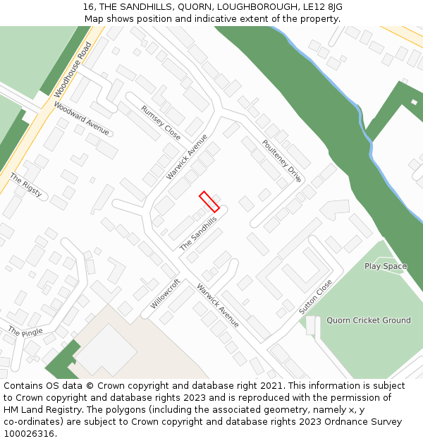 16, THE SANDHILLS, QUORN, LOUGHBOROUGH, LE12 8JG: Location map and indicative extent of plot