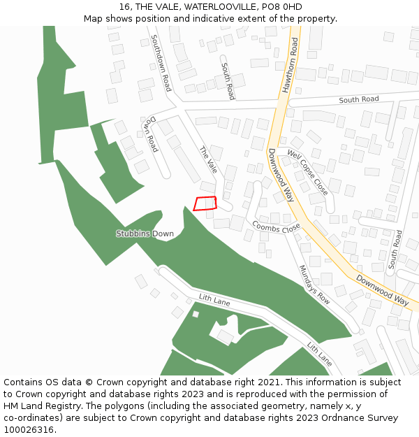 16, THE VALE, WATERLOOVILLE, PO8 0HD: Location map and indicative extent of plot